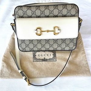 Like New GUCCI HORSEBIT 1955 SMALL SHOULDER BAG - Beige & Ebony GG Supreme